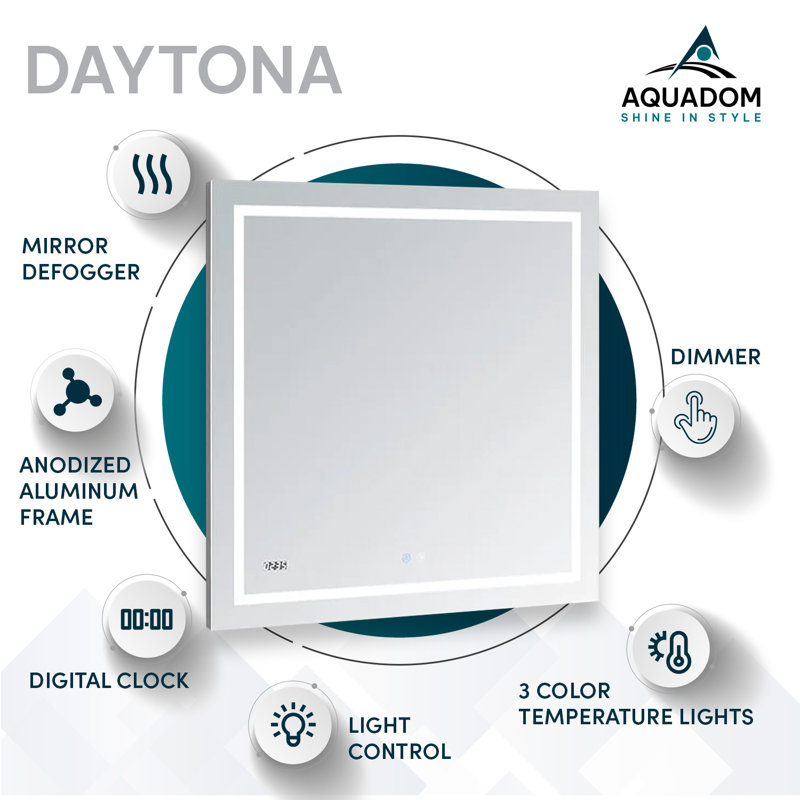 AQUADOM Daytona LED Wall Mount Mirror for Bathroom with 3 Color Lighting Touch Control Dimmer and Defogger Digital Clock 36 H x 84 W